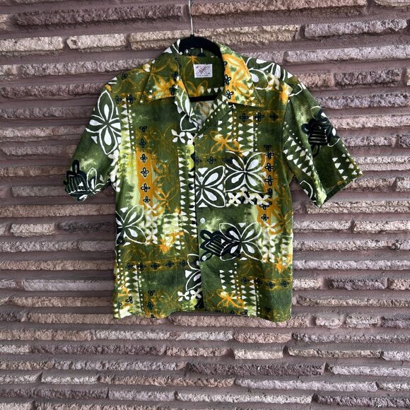 Vintage 60's Hawaiian Green Tribal Barkcloth Loop Collar Sears Shirt - Picture 12 of 12